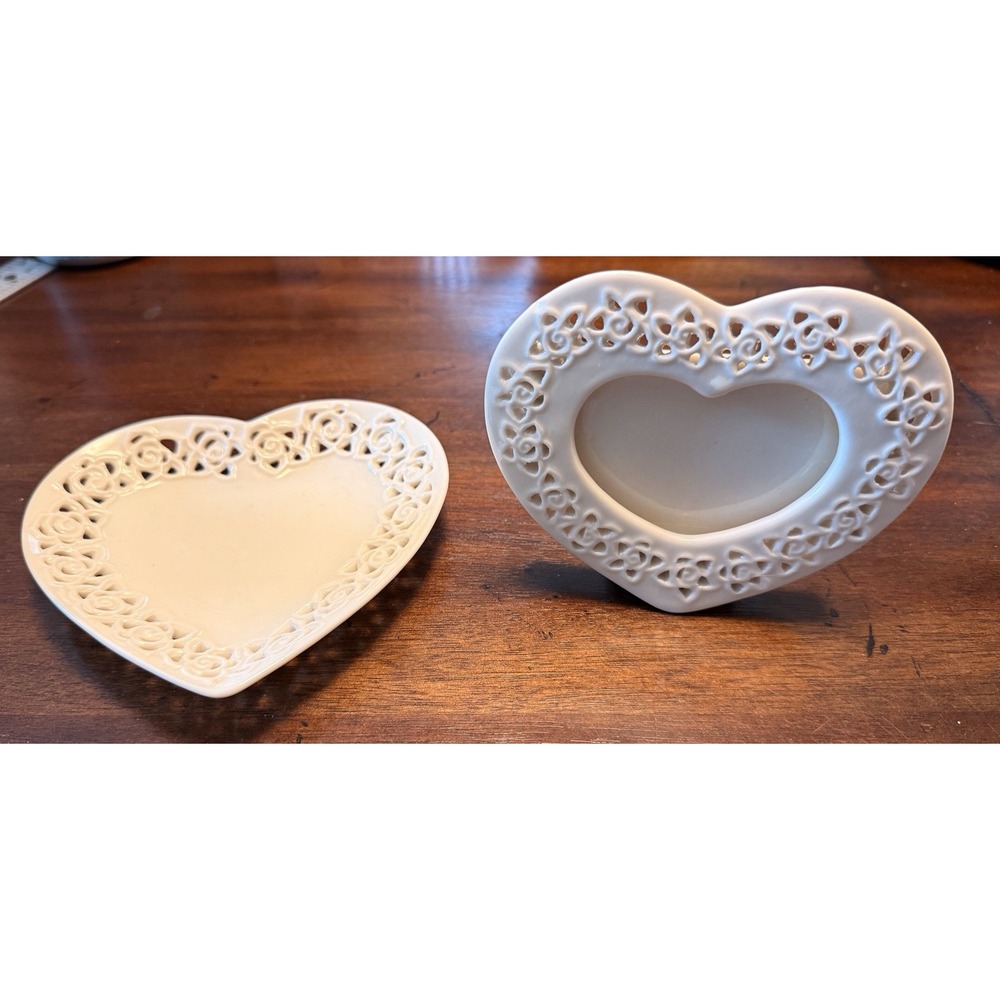 VTG I Godinger Cream Lace Heart Dish + Picture Frame Set Porcelain - SEE DESC